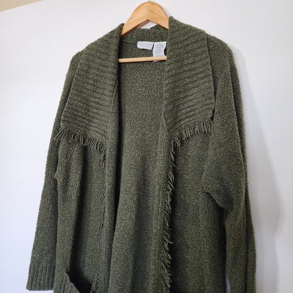 Olive Green oversized Knit Cardigan fringe long Sweater - Picture 6 of 7